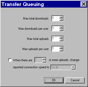 Actual WinMX(TM) screen shot of queuing settings window -- these settings work nicely for my 56K modem most of the time