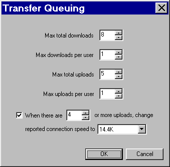 Actual WinMX(TM) screen shot of queuing settings window -- these settings might work nicely for a DSL/Cable user