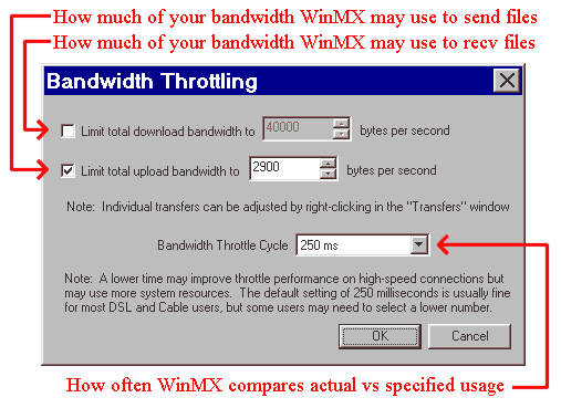 Actual WinMX(TM) screen shot of throttle settings window -- these settings permit my 56K modem to receive well while sending
