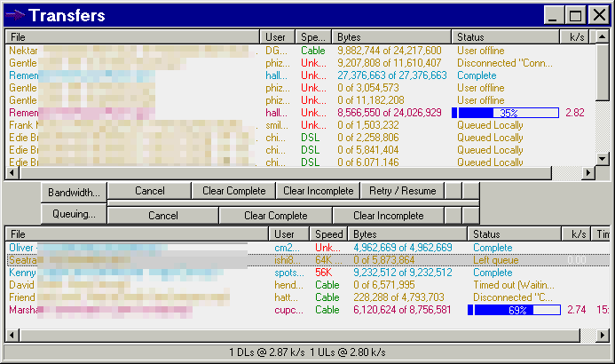 Actual (but smudged) WinMX(TM) screen shot of the transfers window